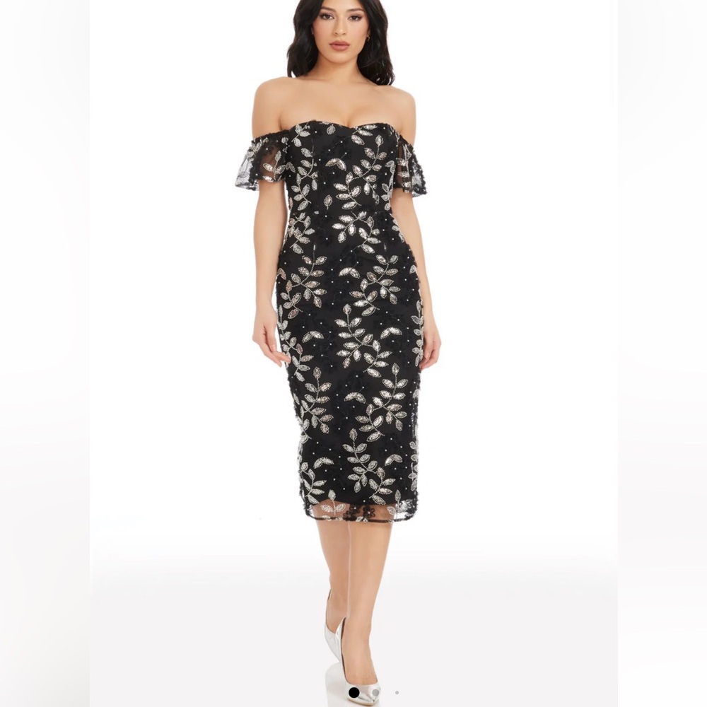 new Dress the Population Tara Dress embellished in black silver beaded midi